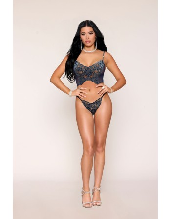 Bustier dentelle florale et résille avec strass et string assorti