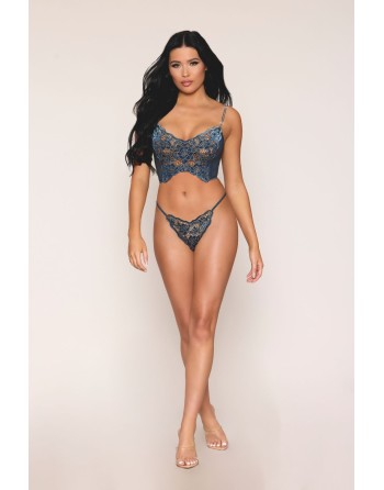 Bustier dentelle florale et résille avec strass et string assorti