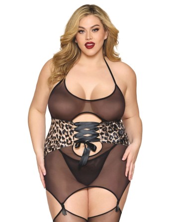 Guépière grande taille en fine résille avec serre taille à laçage et porte jarretelles 