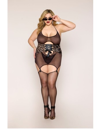 Guépière grande taille en fine résille avec serre taille à laçage et porte jarretelles 