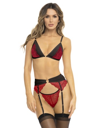 Ensemble 3 pièces rouge, soutien gorge, porte jarretelles et string 