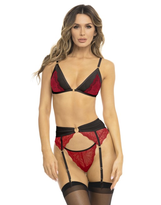 Ensemble 3 pièces rouge, soutien gorge, porte jarretelles et string 