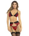 Ensemble 3 pièces rouge, soutien gorge, porte jarretelles et string 