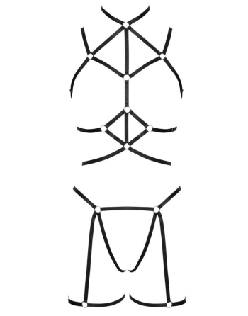 Ensemble 3 pièces soutien-gorge harnais, porte-jarretelles et string 