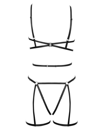 Ensemble 3 pièces soutien-gorge harnais, porte-jarretelles et string 