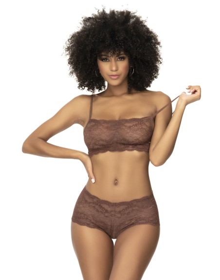 Ensemble 2 pièces en dentelle, top à bretelles et shorty couleur cacao 