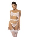 Ensemble 3 pièces blanc Emmie, soutien gorge, porte jarretelles avec fausse fourrure et string assorti 