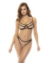 Ensemble 3 pièces noir et chair, en fine résille, soutien gorge avec armatures, serre taille et string assorti 