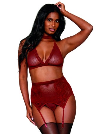 Ensemble 4 pièces soutien gorge, tour de cou, string et porte jarretelles rouge 