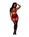 Ensemble 4 pièces soutien gorge, tour de cou, string et porte jarretelles rouge 