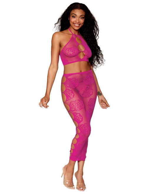 Ensemble Soutien-gorge et jupe longue en filet rose 