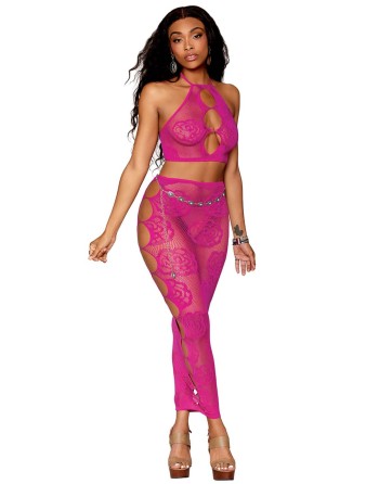 Ensemble Soutien-gorge et jupe longue en filet rose 