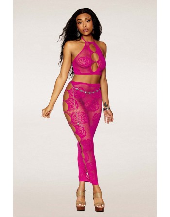 Ensemble Soutien-gorge et jupe longue en filet rose 