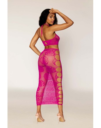 Ensemble Soutien-gorge et jupe longue en filet rose 