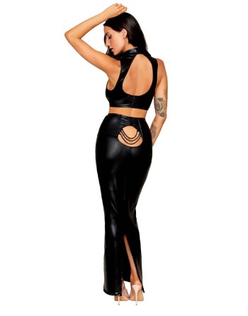 Ensemble Soutien-gorge et jupe longue noir en simili cuir 