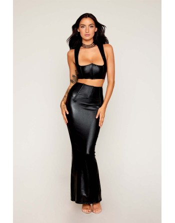 Ensemble Soutien-gorge et jupe longue noir en simili cuir 
