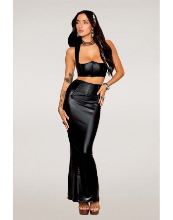 Ensemble Soutien-gorge et jupe longue noir en simili cuir 
