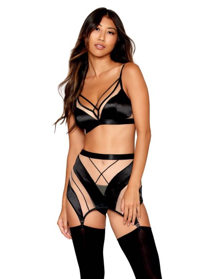 Ensemble Soutien-gorge, jupe porte-jarretelles, string    
