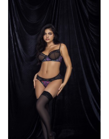 Ensemble lingerie noir deux pièces imprimé fleur exotique 