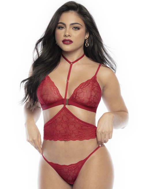 Ensemble lingerie trois pièces en dentelle rouge imprimée de cœurs 
