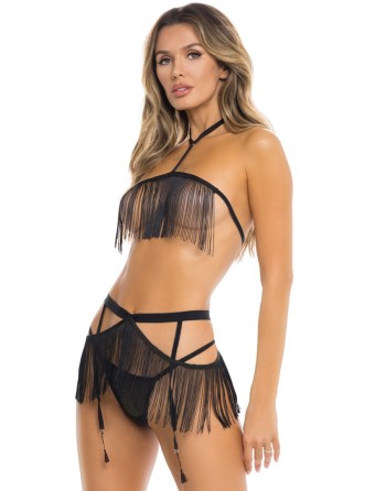 Ensemble 3 pièces noir comprenant haut à franges, jupette et string assorti 