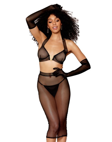 Ensemble 2 pièces, soutien gorge et jupe longue transparente noir 