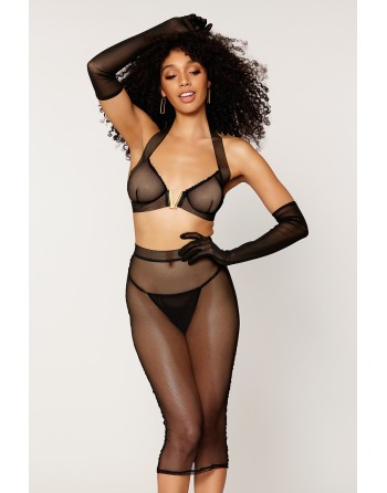 Ensemble 2 pièces, soutien gorge et jupe longue transparente noir 
