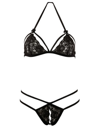 Soutien-gorge en dentelle noire avec bonnets détachables et string 