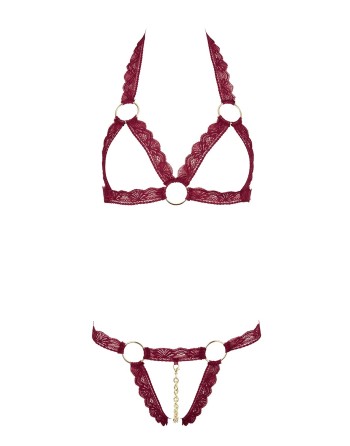 Soutien-gorge ouvert et string rouge à larges bandes sexy 