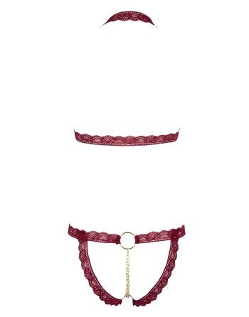 Soutien-gorge ouvert et string rouge à larges bandes sexy 