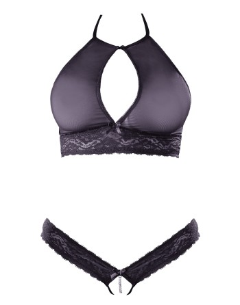 Soutien-gorge bandeau, en dentelle et résille noire et string ouvert 
