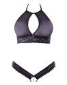 Soutien-gorge bandeau, en dentelle et résille noire et string ouvert 