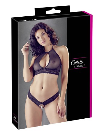 Soutien-gorge bandeau, en dentelle et résille noire et string ouvert 