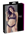 Soutien-gorge bandeau, en dentelle et résille noire et string ouvert 