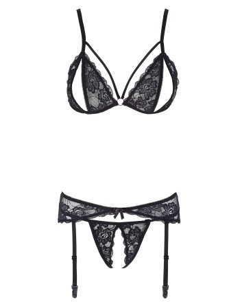 Ensemble trois pièces avec soutien-gorge fendu, porte-jarretelles et string noir 