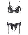 Ensemble trois pièces avec soutien-gorge fendu, porte-jarretelles et string noir 