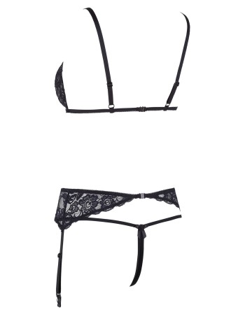 Ensemble trois pièces avec soutien-gorge fendu, porte-jarretelles et string noir 