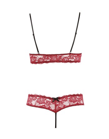 Soutien-gorge, bonnets ouverts, en dentelle rouge et string assorti 