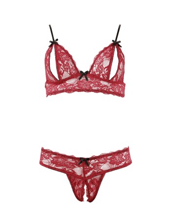 Soutien-gorge, bonnets ouverts, en dentelle rouge et string assorti 