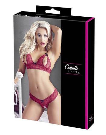 Soutien-gorge, bonnets ouverts, en dentelle rouge et string assorti 