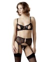 Soutien-gorge dentelle, porte-jarretelles et string ouvert noir 
