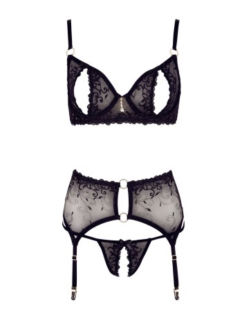 Soutien-gorge dentelle, porte-jarretelles et string ouvert noir 