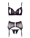 Soutien-gorge dentelle, porte-jarretelles et string ouvert noir 