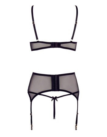 Soutien-gorge dentelle, porte-jarretelles et string ouvert noir 
