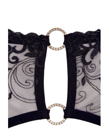Soutien-gorge dentelle, porte-jarretelles et string ouvert noir 
