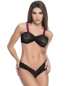 Ensemble deux pièces en dentelle noire et larges bretelles violettes imprimées 