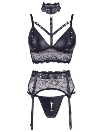 Ensemble soutien-gorge, porte jarretelles et culotte noir sexy