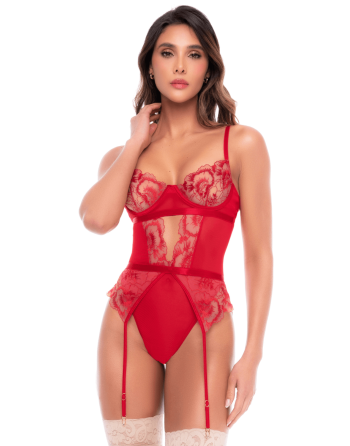 Body rouge rubis en dentelle brodée à armatures et jarretelles - Mapalé