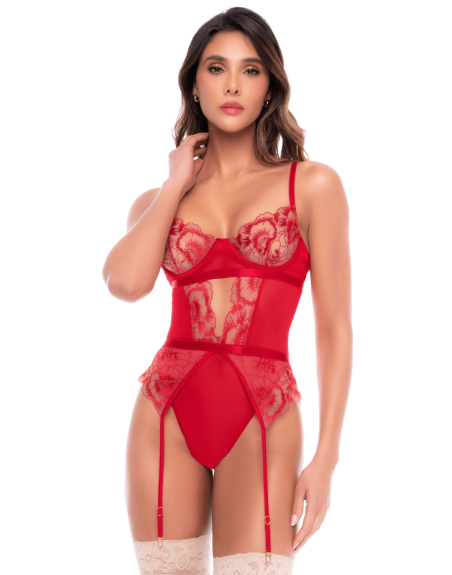 Body rouge rubis en dentelle brodée à armatures et jarretelles - Mapalé