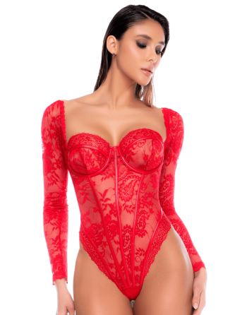 Body rouge à manches longues en dentelle avec armatures - Mapalé